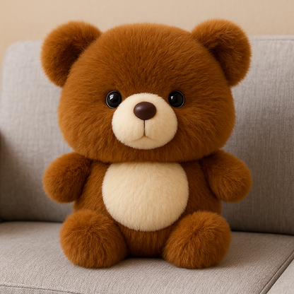 Cute Small Dark Brown Teddy bear sitting on a grey couch